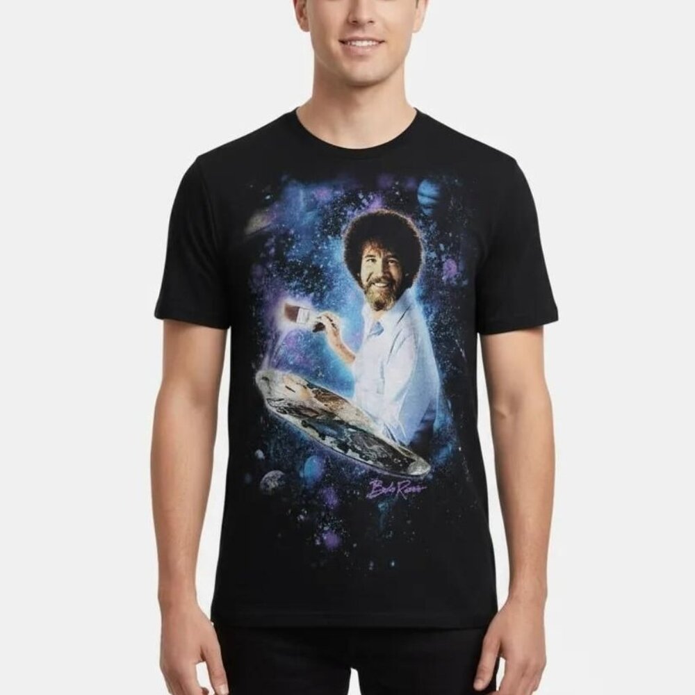 Bob Ross Men's Unisex Adult Painting Galaxy Space Graphic Print Tee Black Small